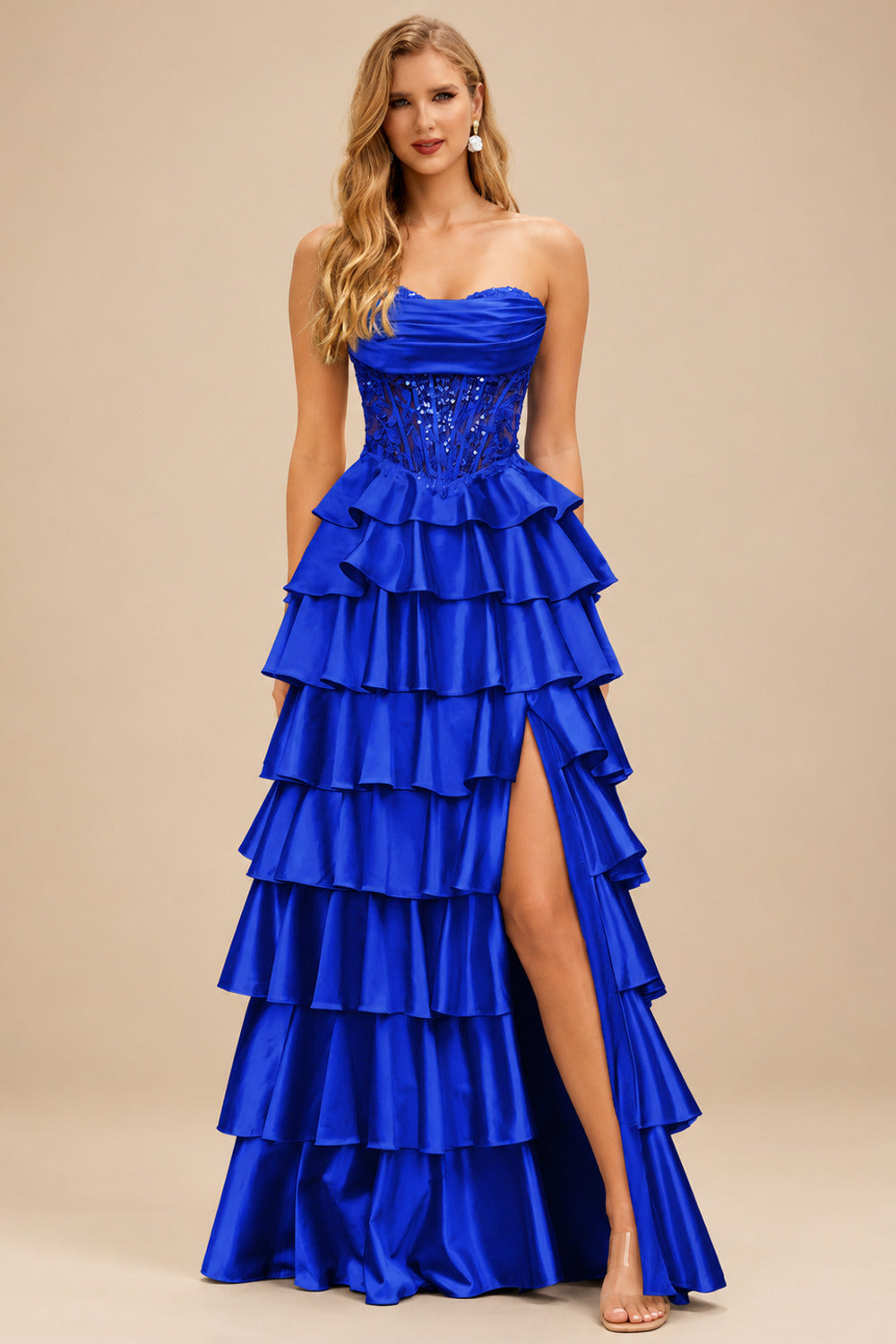Rutipo Royal Blue A-line Ruched Strapless Illusion Embroidered Ccorset Ruffle Prom Dress with Slit