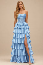 Rutipo Sky Blue A-line Ruched Strapless Illusion Embroidered Ccorset Ruffle Prom Dress with Slit