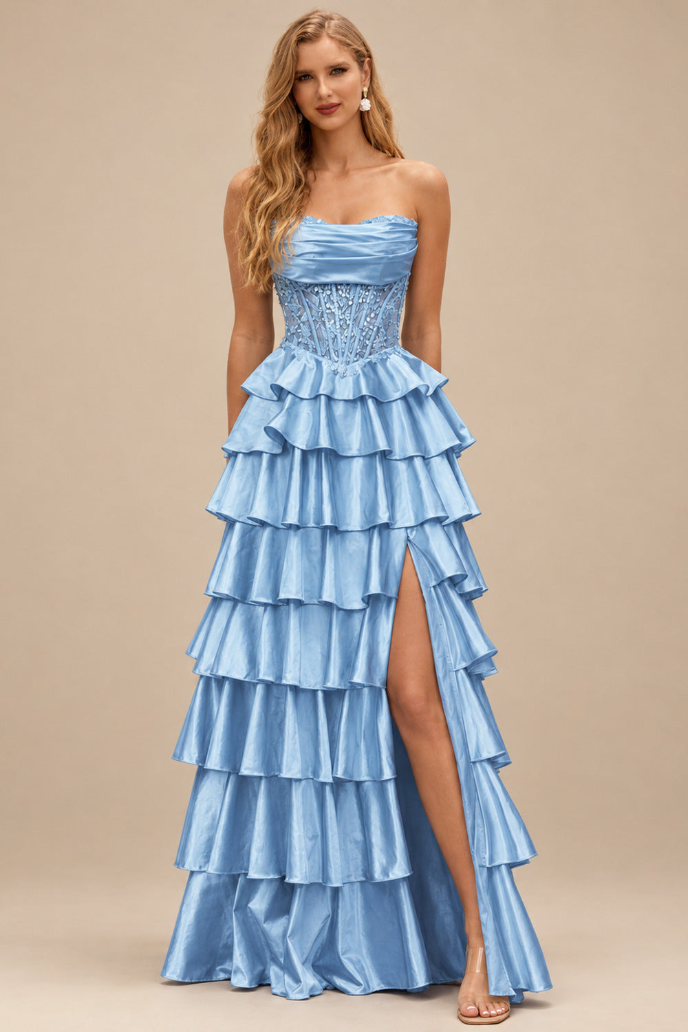 Rutipo Sky Blue A-line Ruched Strapless Illusion Embroidered Ccorset Ruffle Prom Dress with Slit
