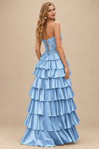Rutipo Sky Blue A-line Ruched Strapless Illusion Embroidered Ccorset Ruffle Prom Dress with Slit