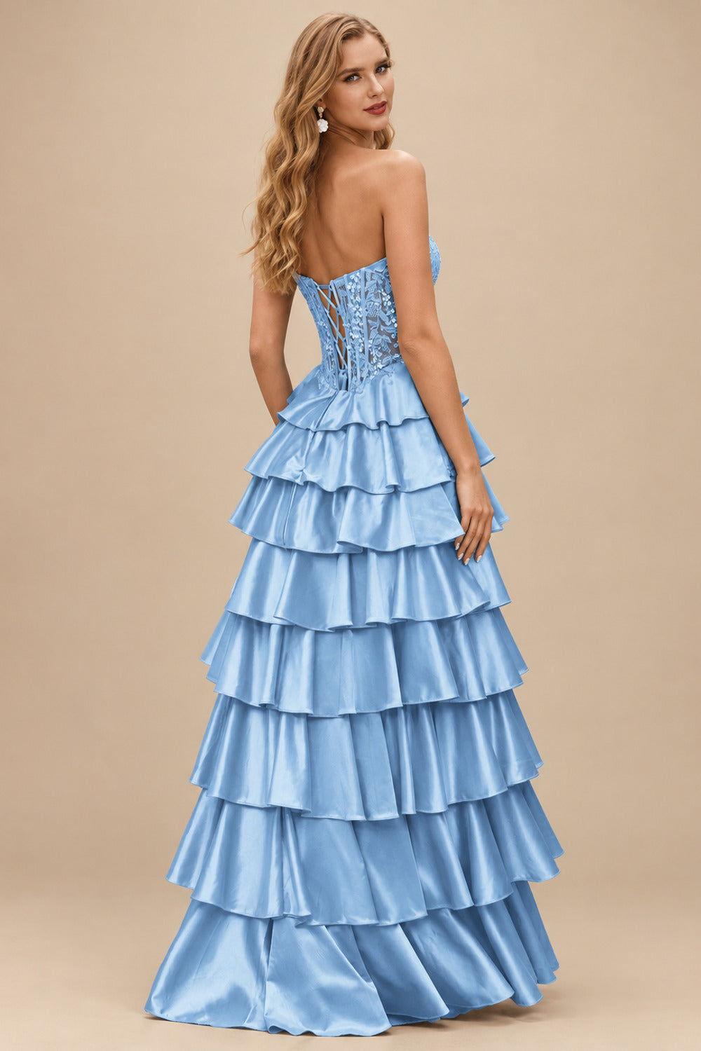 Rutipo Sky Blue A-line Ruched Strapless Illusion Embroidered Ccorset Ruffle Prom Dress with Slit