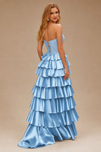 Rutipo Sky Blue A-line Ruched Strapless Illusion Embroidered Ccorset Ruffle Prom Dress with Slit