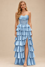 Rutipo Sky Blue A-line Ruched Strapless Illusion Embroidered Ccorset Ruffle Prom Dress with Slit