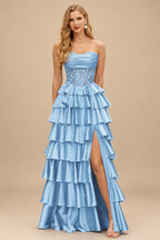 Rutipo Sky Blue A-line Ruched Strapless Illusion Embroidered Ccorset Ruffle Prom Dress with Slit