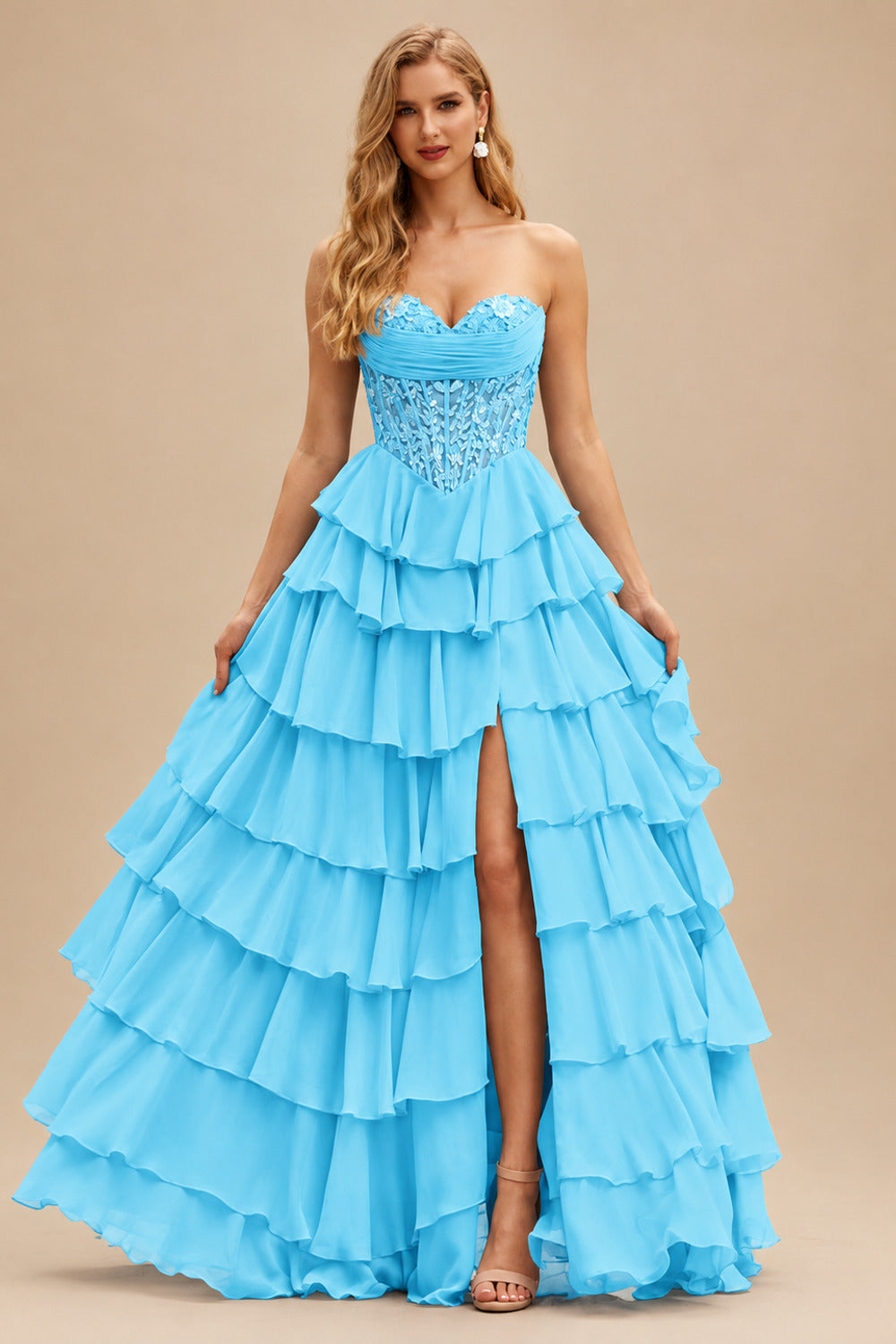 Rutipo Blue Strapless Sweetheart Embellished Corset Chiffon Slit Ruffle Prom Dress