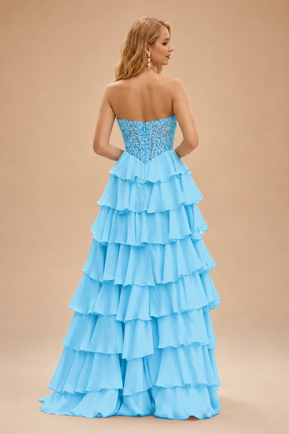 Rutipo Blue Strapless Sweetheart Embellished Corset Chiffon Slit Ruffle Prom Dress