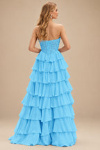 Rutipo Blue Strapless Sweetheart Embellished Corset Chiffon Slit Ruffle Prom Dress