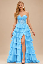 Rutipo Blue Strapless Sweetheart Embellished Corset Chiffon Slit Ruffle Prom Dress