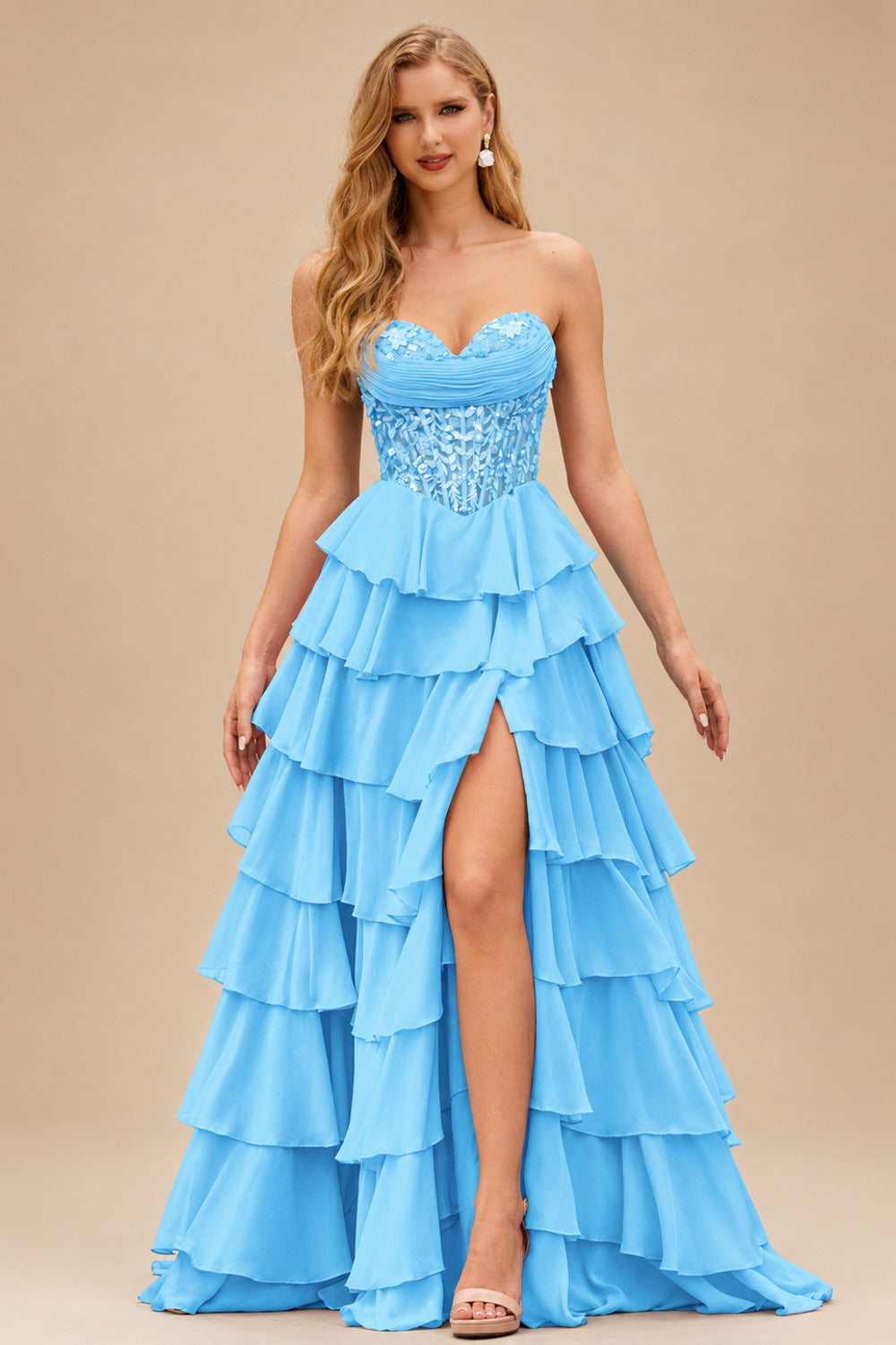 Rutipo Blue Strapless Sweetheart Embellished Corset Chiffon Slit Ruffle Prom Dress