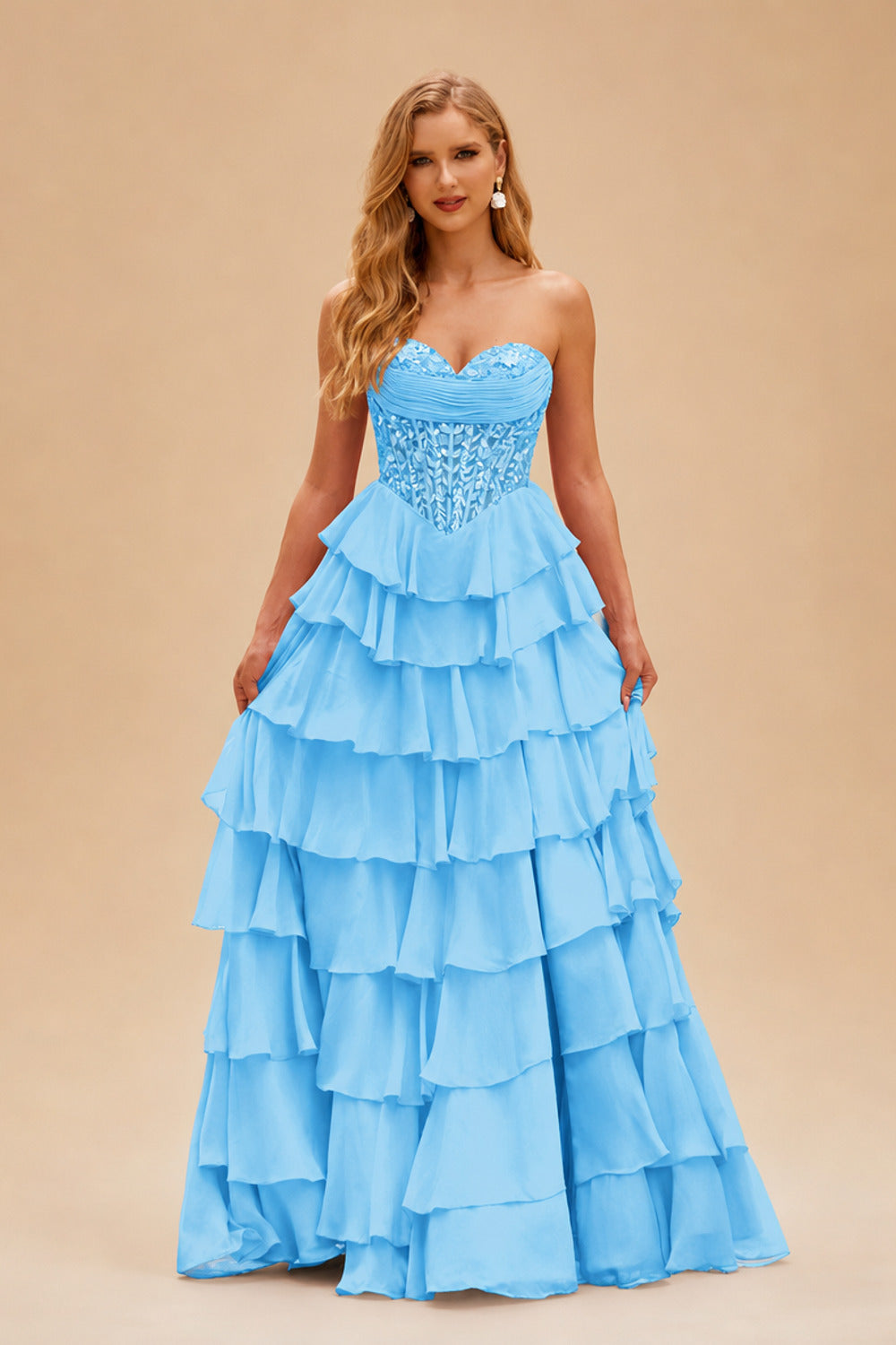 Rutipo Blue Strapless Sweetheart Embellished Corset Chiffon Slit Ruffle Prom Dress