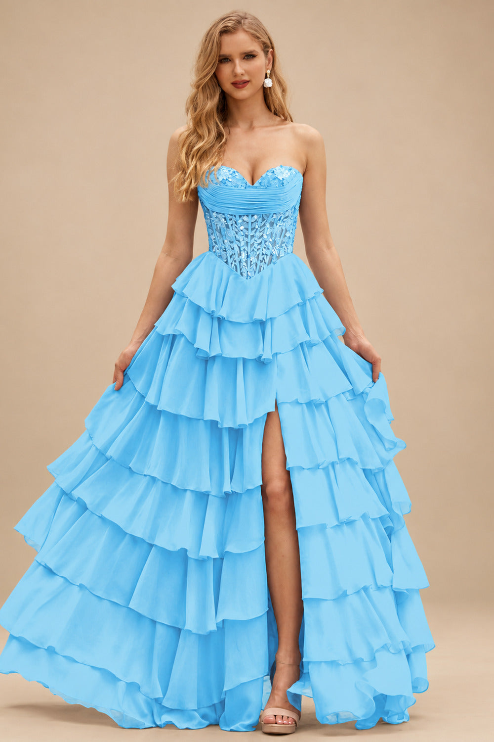 Rutipo Blue Strapless Sweetheart Embellished Corset Chiffon Slit Ruffle Prom Dress