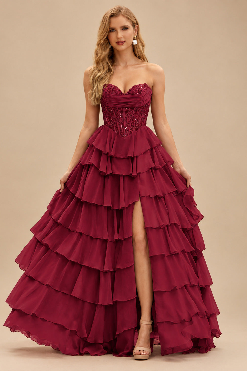 Rutipo Burgundy Strapless Sweetheart Embellished Corset Chiffon Slit Ruffle Prom Dress