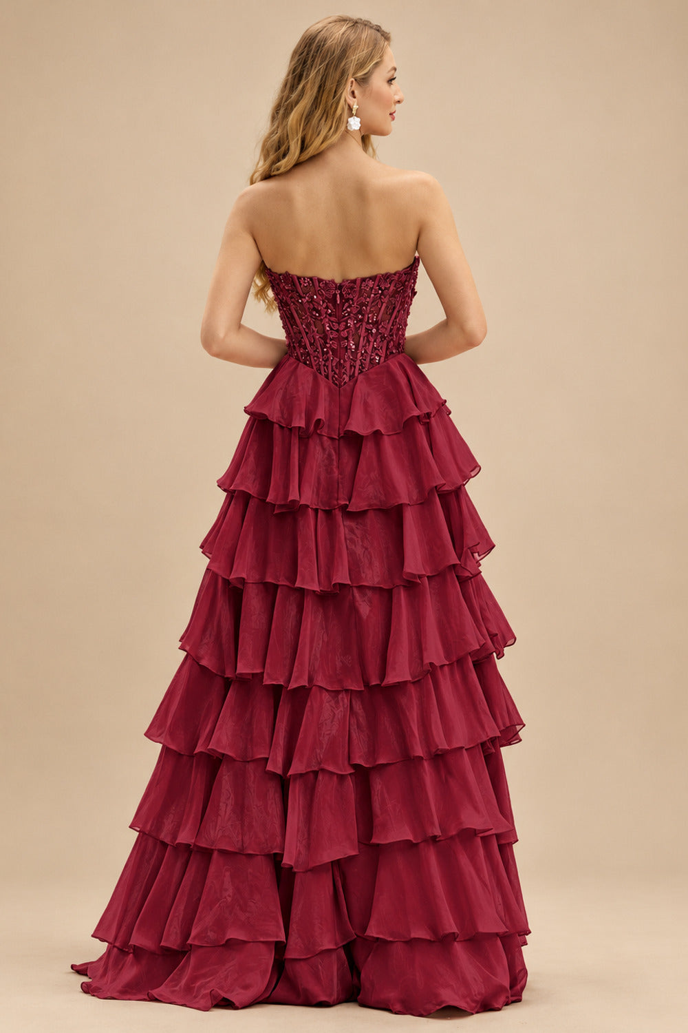 Rutipo Burgundy Strapless Sweetheart Embellished Corset Chiffon Slit Ruffle Prom Dress