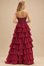 Rutipo Burgundy Strapless Sweetheart Embellished Corset Chiffon Slit Ruffle Prom Dress