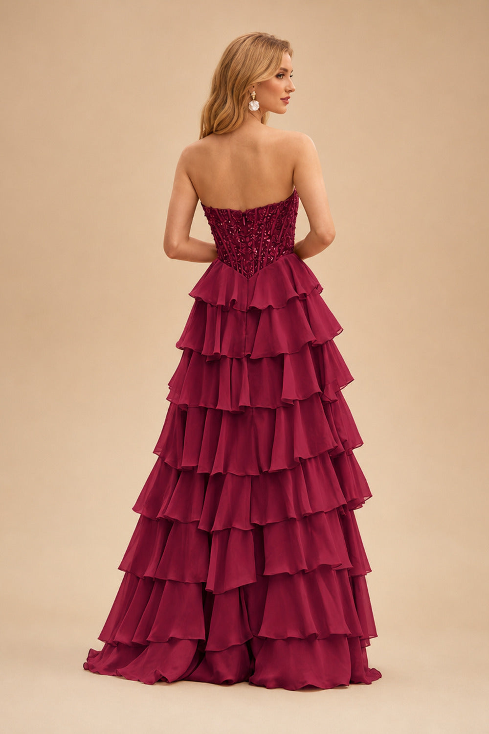 Rutipo Burgundy Strapless Sweetheart Embellished Corset Chiffon Slit Ruffle Prom Dress