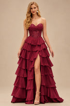 Rutipo Burgundy Strapless Sweetheart Embellished Corset Chiffon Slit Ruffle Prom Dress