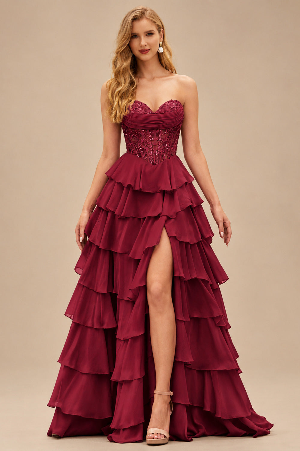 Rutipo Burgundy Strapless Sweetheart Embellished Corset Chiffon Slit Ruffle Prom Dress