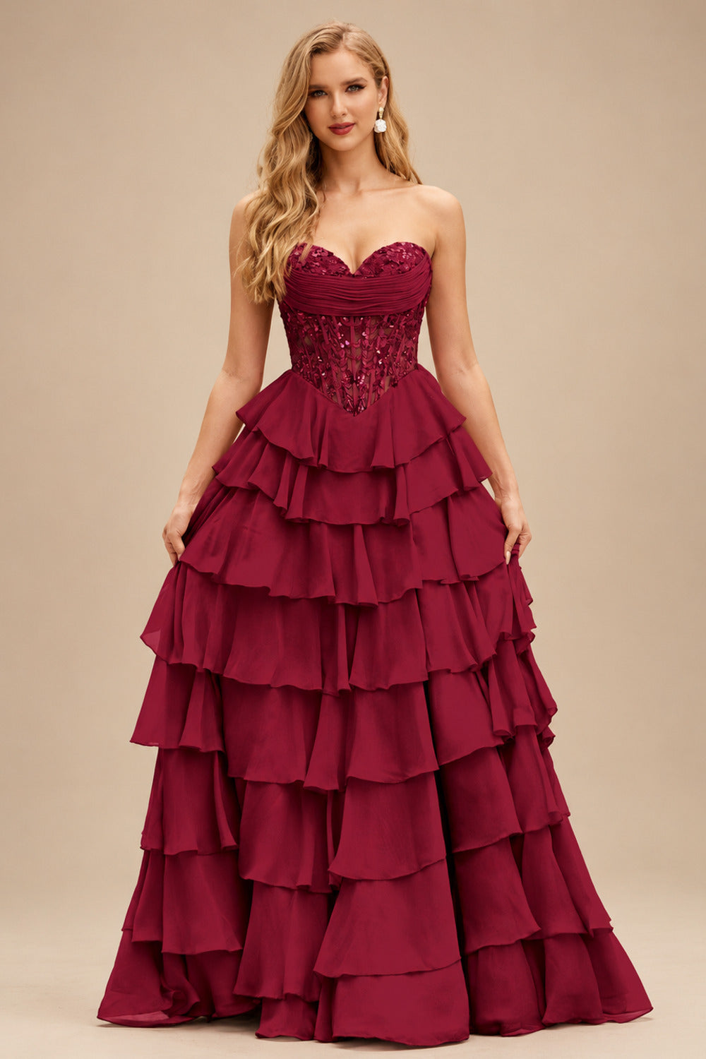 Rutipo Burgundy Strapless Sweetheart Embellished Corset Chiffon Slit Ruffle Prom Dress