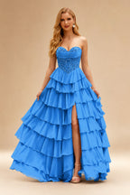 Rutipo Ocean Blue Strapless Sweetheart Embellished Corset Chiffon Slit Ruffle Prom Dress