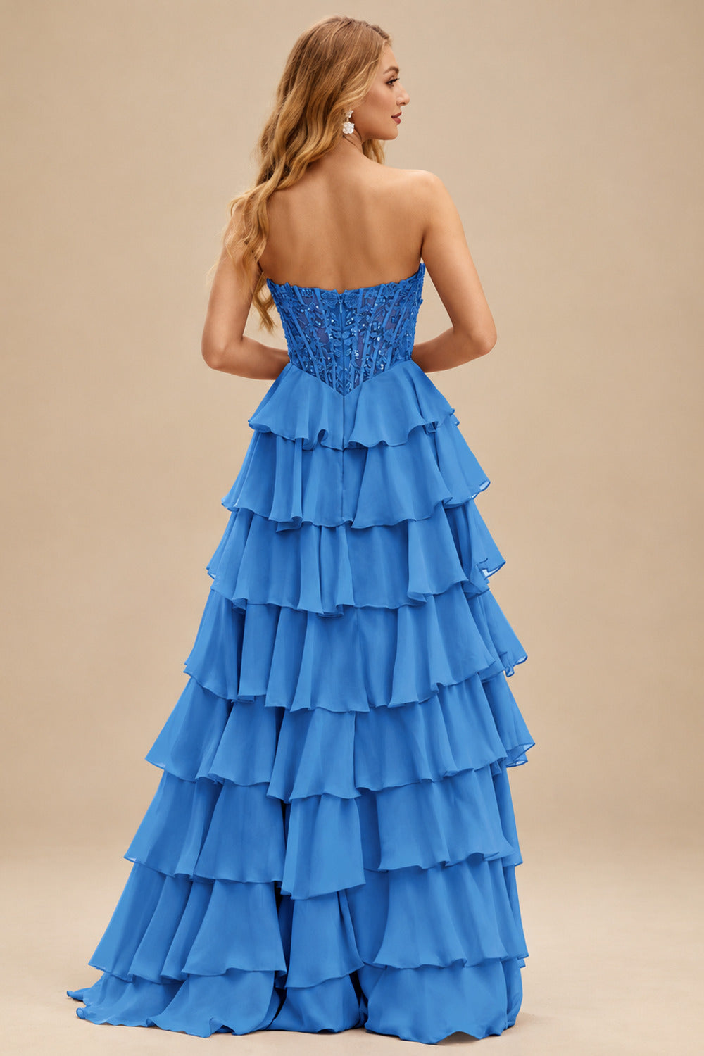 Rutipo Ocean Blue Strapless Sweetheart Embellished Corset Chiffon Slit Ruffle Prom Dress