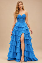 Rutipo Ocean Blue Strapless Sweetheart Embellished Corset Chiffon Slit Ruffle Prom Dress