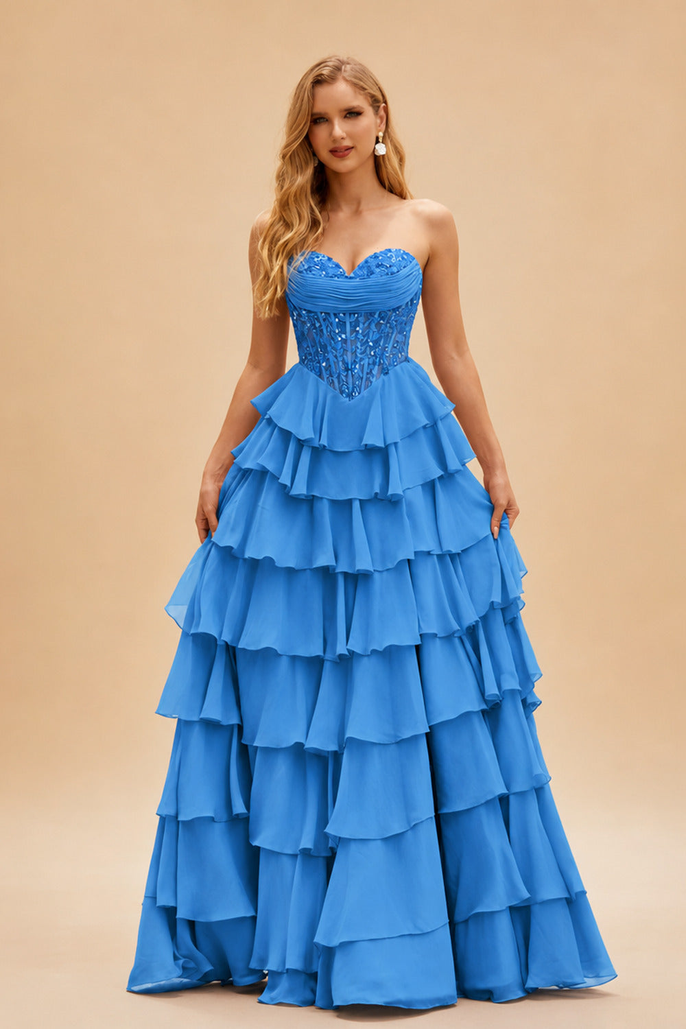 Rutipo Ocean Blue Strapless Sweetheart Embellished Corset Chiffon Slit Ruffle Prom Dress