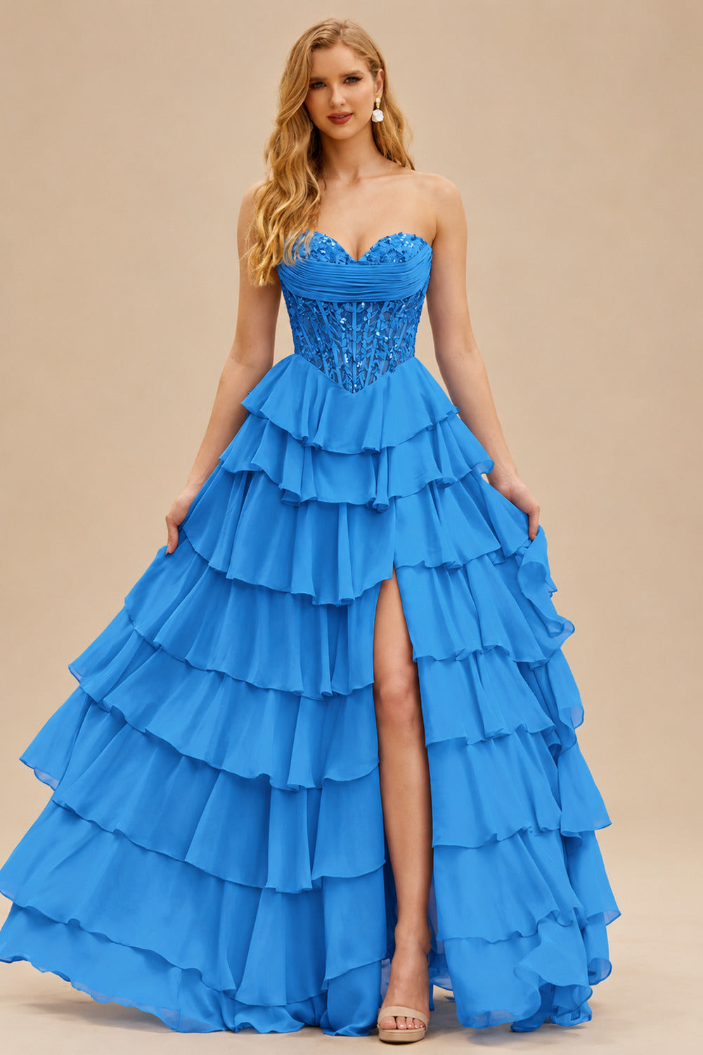 Rutipo Ocean Blue Strapless Sweetheart Embellished Corset Chiffon Slit Ruffle Prom Dress