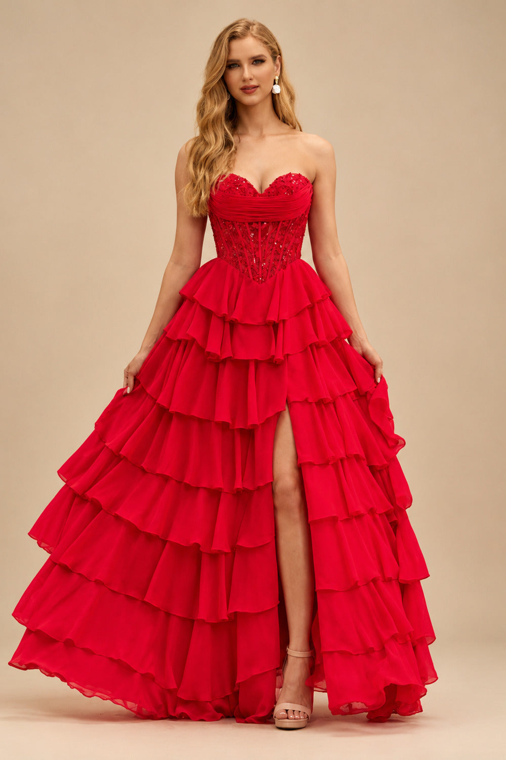 Rutipo Red Strapless Sweetheart Embellished Corset Chiffon Slit Ruffle Prom Dress