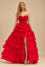 Rutipo Red Strapless Sweetheart Embellished Corset Chiffon Slit Ruffle Prom Dress