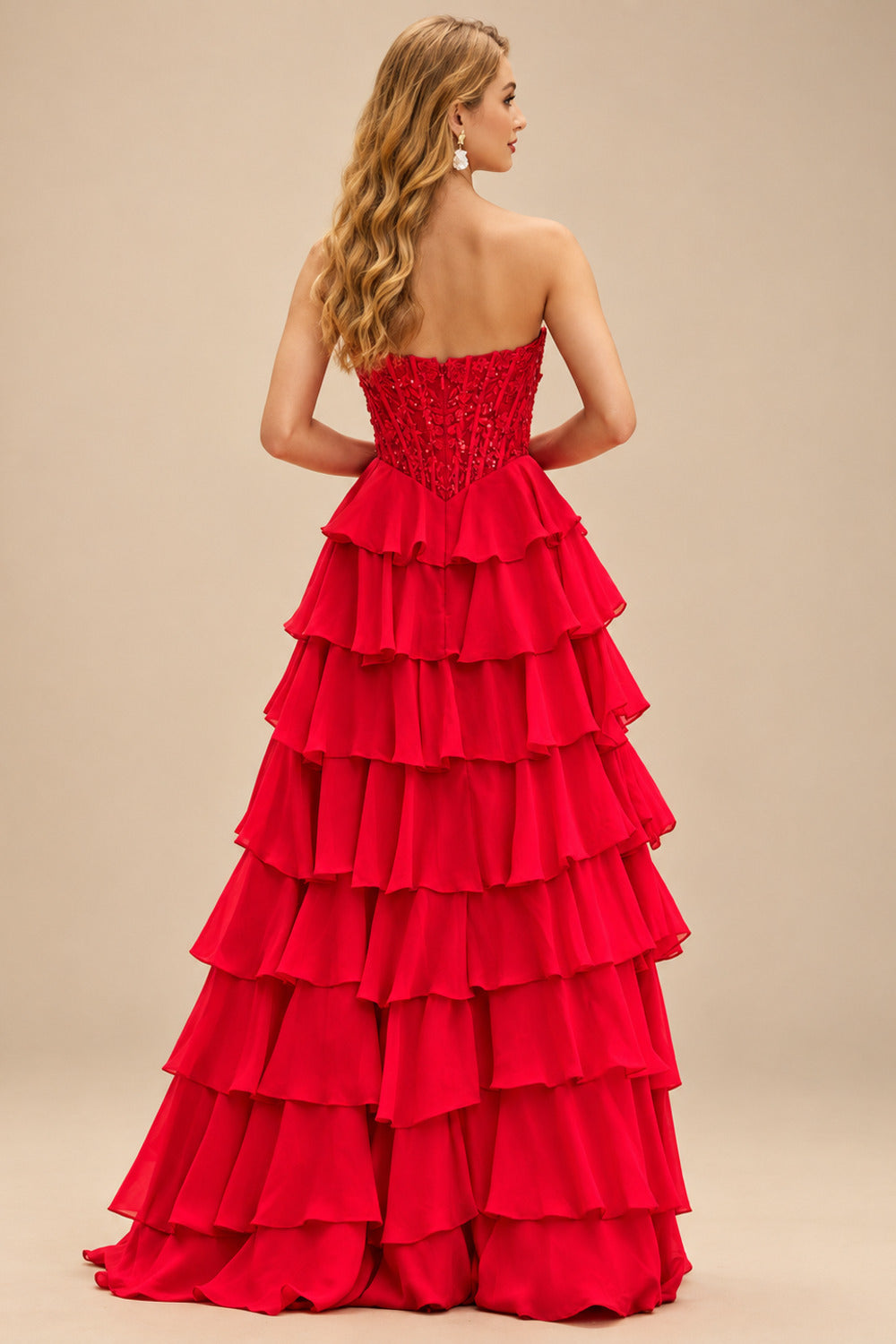Rutipo Red Strapless Sweetheart Embellished Corset Chiffon Slit Ruffle Prom Dress
