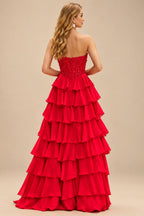 Rutipo Red Strapless Sweetheart Embellished Corset Chiffon Slit Ruffle Prom Dress