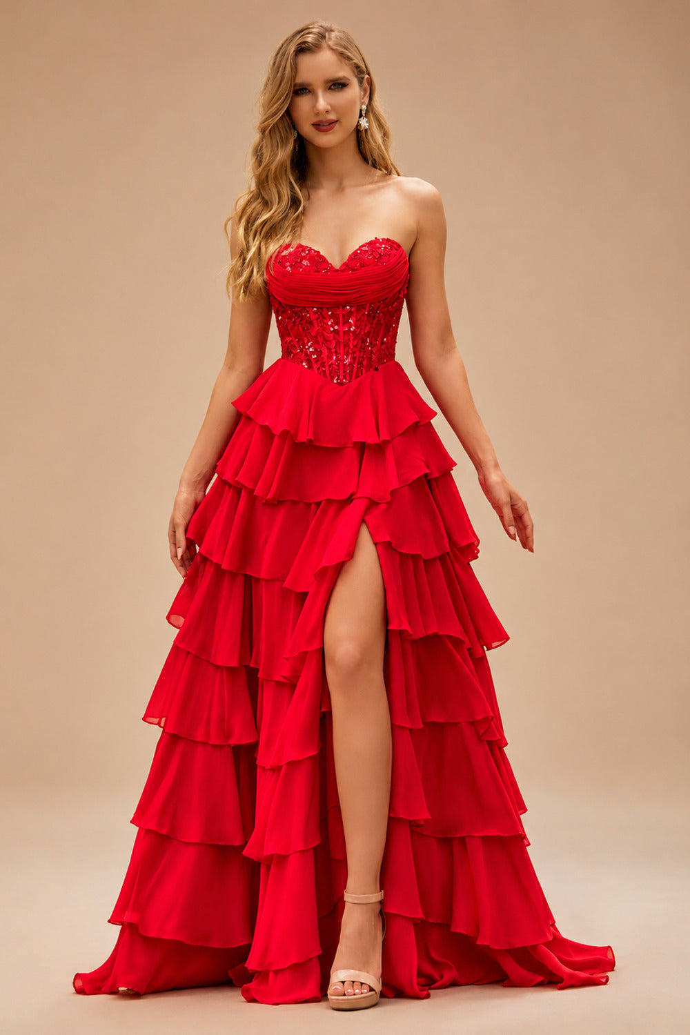 Rutipo Red Strapless Sweetheart Embellished Corset Chiffon Slit Ruffle Prom Dress