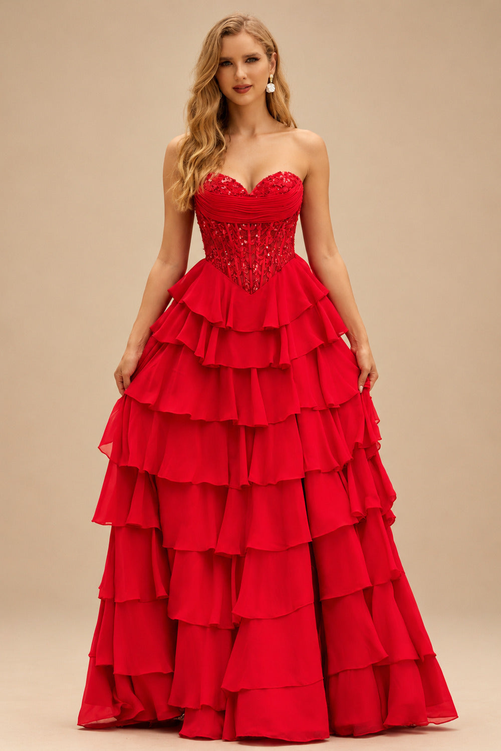 Rutipo Red Strapless Sweetheart Embellished Corset Chiffon Slit Ruffle Prom Dress