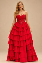 Rutipo Red Strapless Sweetheart Embellished Corset Chiffon Slit Ruffle Prom Dress