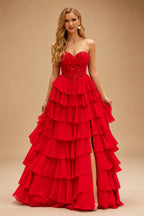 Rutipo Red Strapless Sweetheart Embellished Corset Chiffon Slit Ruffle Prom Dress