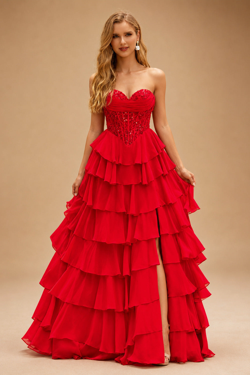 Rutipo Red Strapless Sweetheart Embellished Corset Chiffon Slit Ruffle Prom Dress