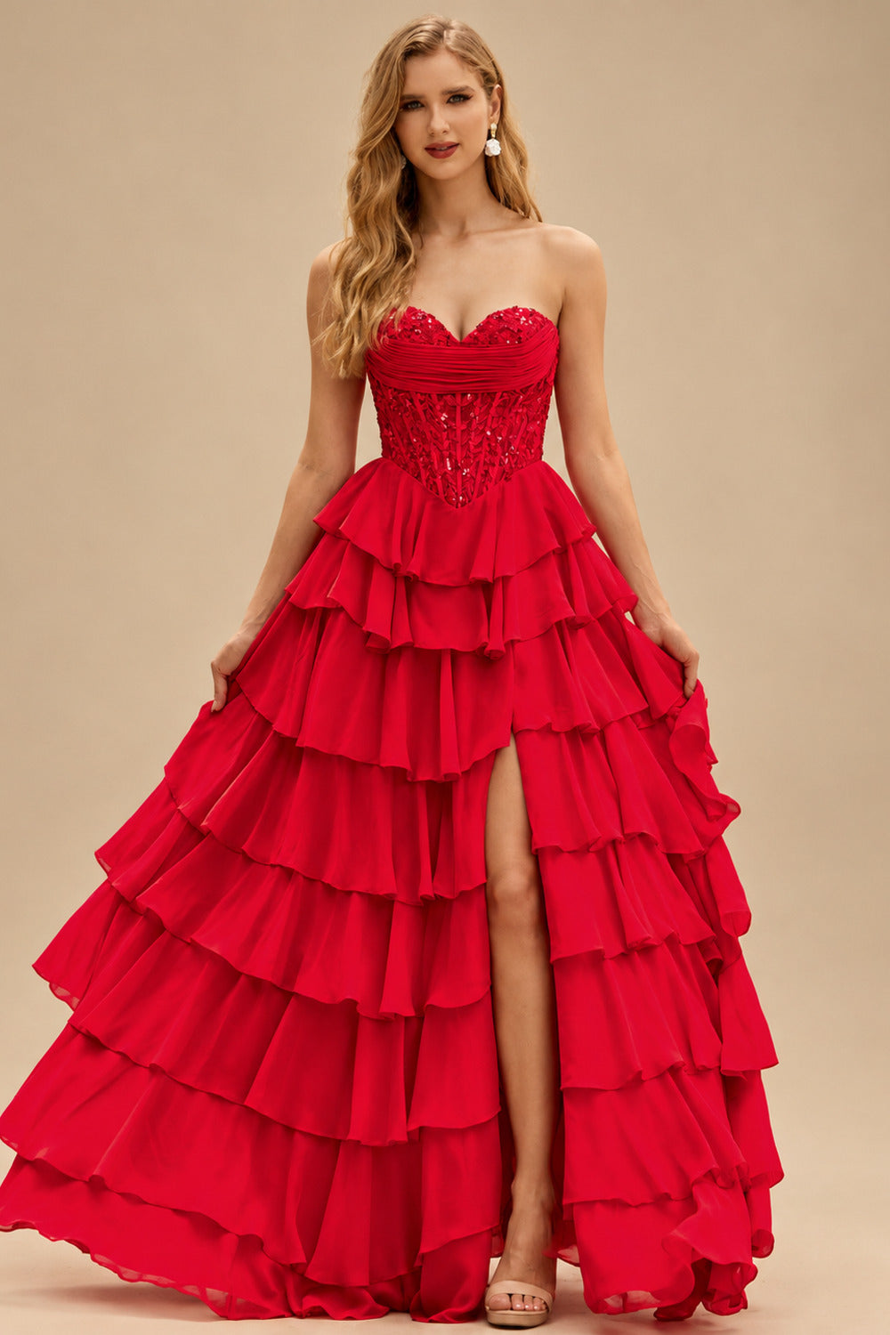 Rutipo Red Strapless Sweetheart Embellished Corset Chiffon Slit Ruffle Prom Dress