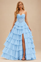 Rutipo Sky Blue Strapless Sweetheart Embellished Corset Chiffon Slit Ruffle Prom Dress