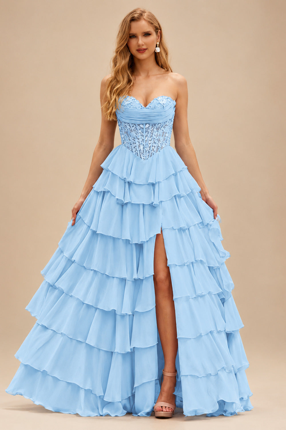 Rutipo Sky Blue Strapless Sweetheart Embellished Corset Chiffon Slit Ruffle Prom Dress