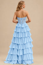 Rutipo Sky Blue Strapless Sweetheart Embellished Corset Chiffon Slit Ruffle Prom Dress