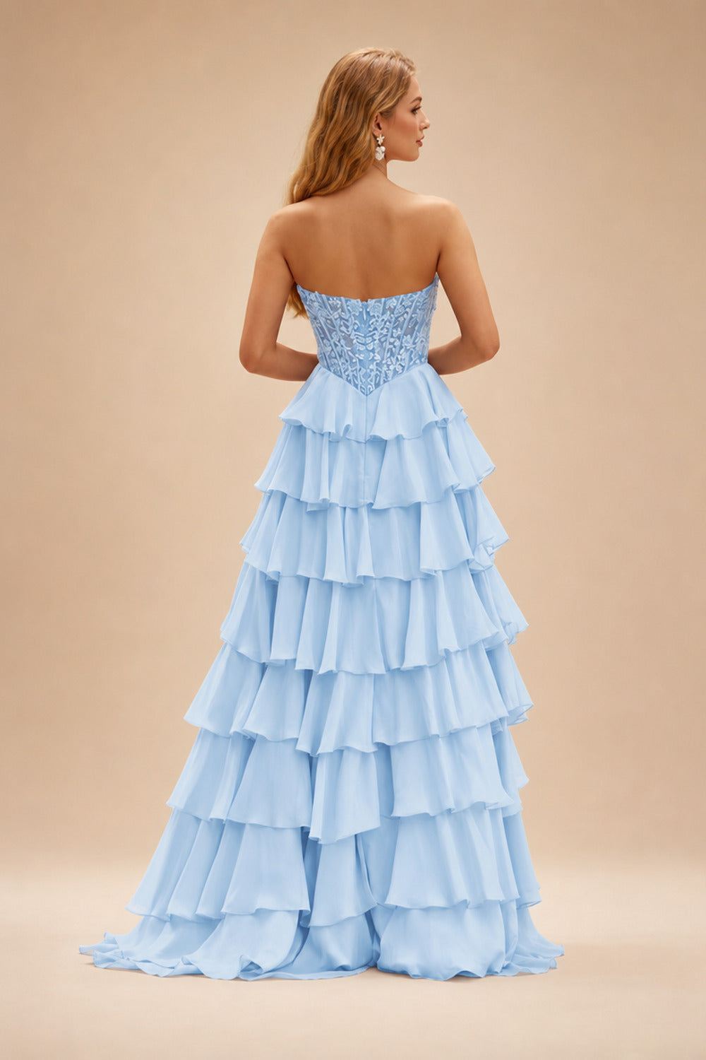 Rutipo Sky Blue Strapless Sweetheart Embellished Corset Chiffon Slit Ruffle Prom Dress