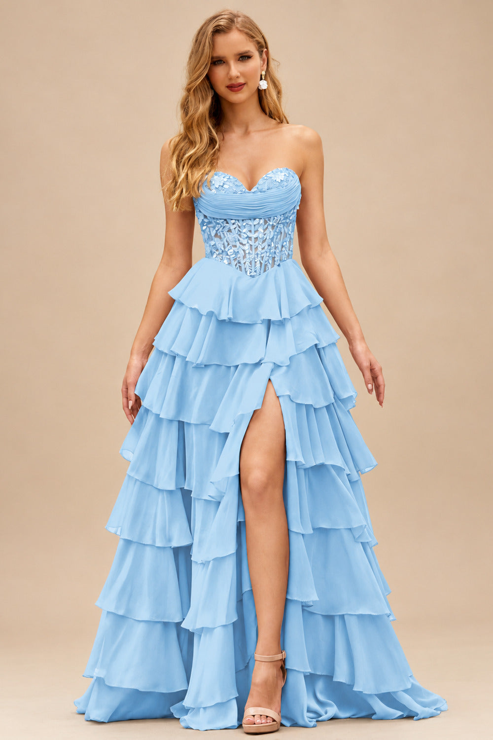 Rutipo Sky Blue Strapless Sweetheart Embellished Corset Chiffon Slit Ruffle Prom Dress