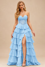 Rutipo Sky Blue Strapless Sweetheart Embellished Corset Chiffon Slit Ruffle Prom Dress
