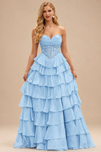 Rutipo Sky Blue Strapless Sweetheart Embellished Corset Chiffon Slit Ruffle Prom Dress