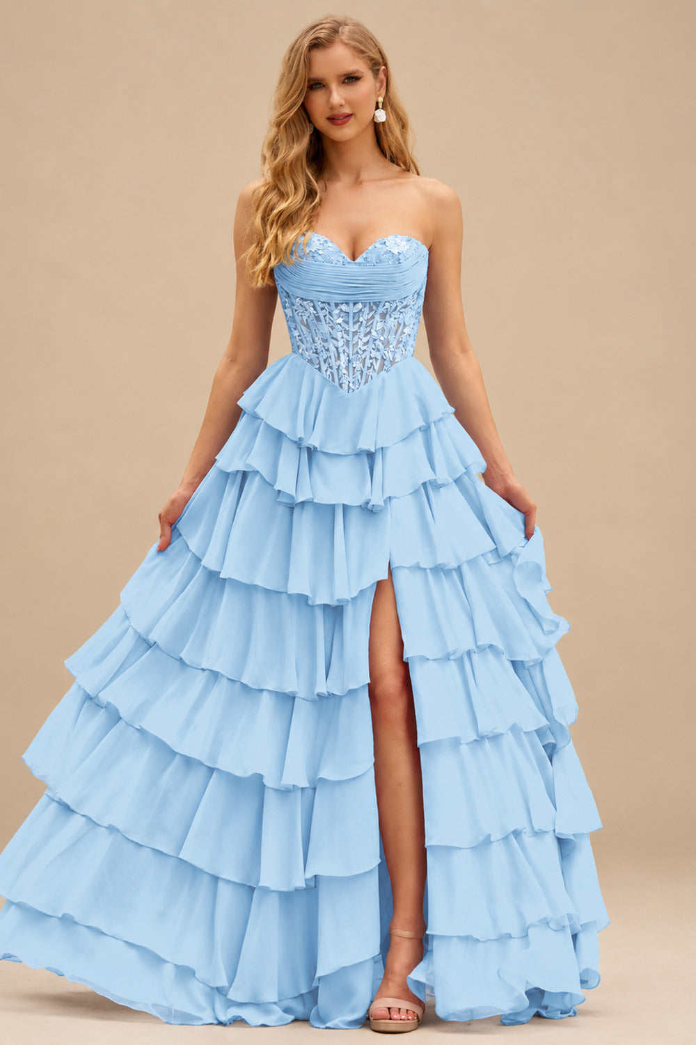 Rutipo Sky Blue Strapless Sweetheart Embellished Corset Chiffon Slit Ruffle Prom Dress