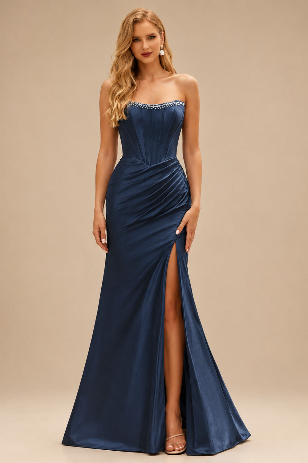 Rutipo Dark Navy Fitted Pearls Beads Strapless Corset Ruched Prom Dress with Slit