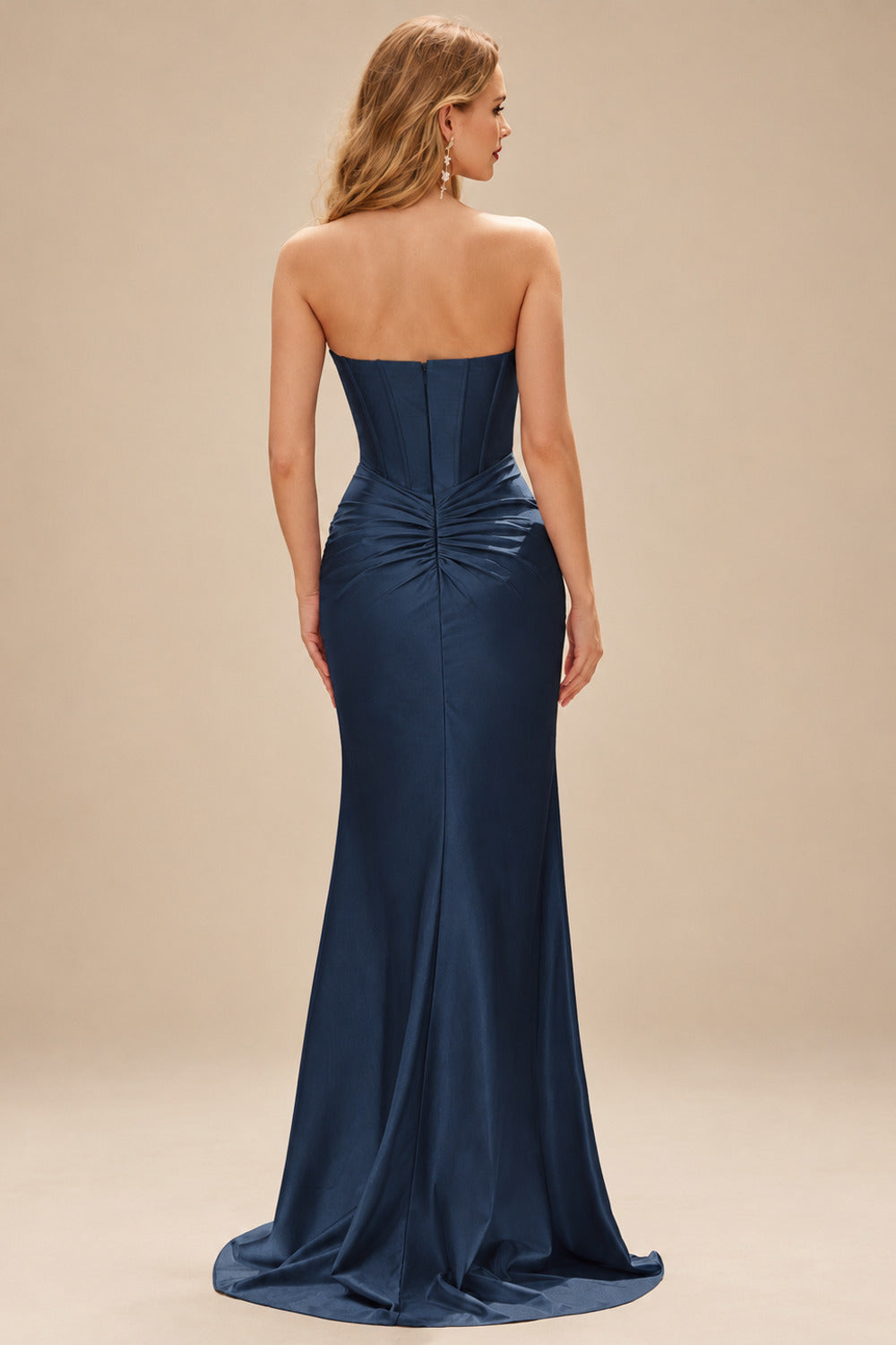 Rutipo Dark Navy Fitted Pearls Beads Strapless Corset Ruched Prom Dress with Slit