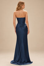 Rutipo Dark Navy Fitted Pearls Beads Strapless Corset Ruched Prom Dress with Slit