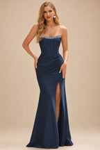 Rutipo Dark Navy Fitted Pearls Beads Strapless Corset Ruched Prom Dress with Slit