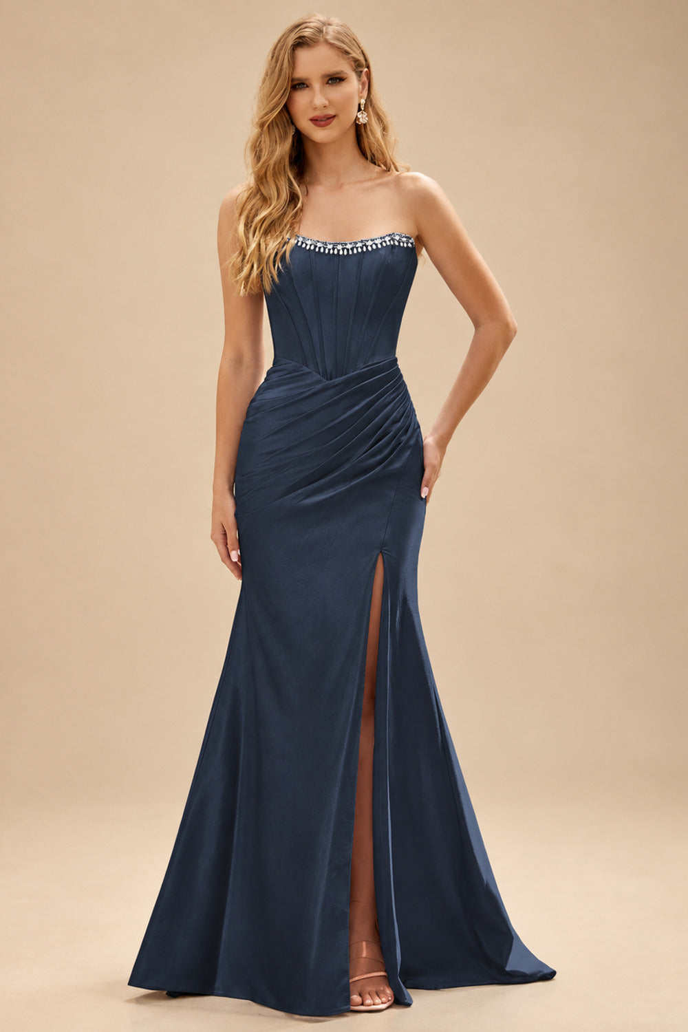 Rutipo Dark Navy Fitted Pearls Beads Strapless Corset Ruched Prom Dress with Slit